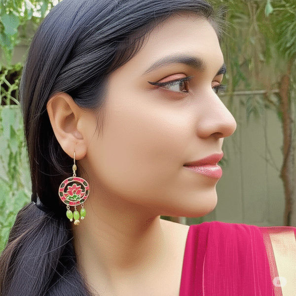 Hand-Painted Lotus & Mirror Work Earrings "Lippan Art" - Image 2