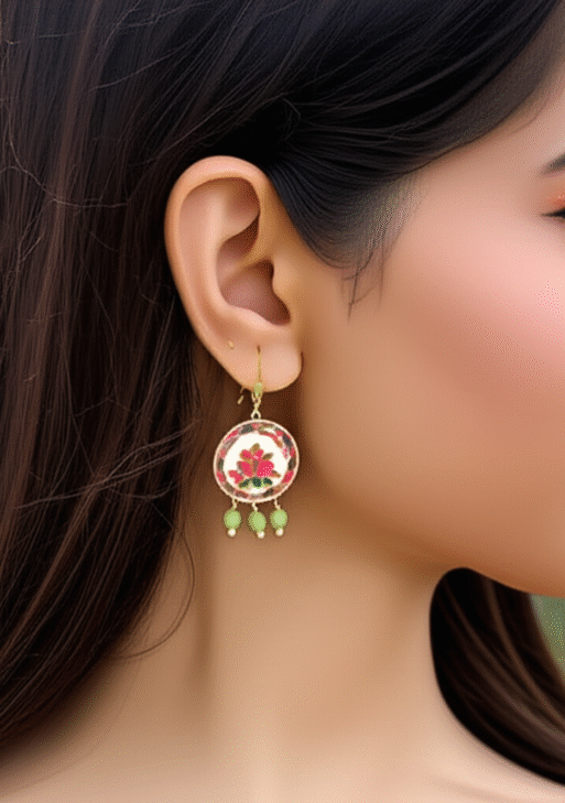 Hand-Painted Lotus & Mirror Work Earrings "Lippan Art"