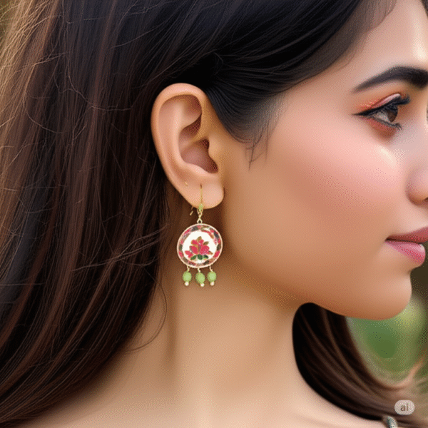Hand-Painted Lotus & Mirror Work Earrings "Lippan Art" - Image 1