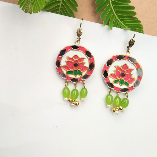 Hand-Painted Lotus & Mirror Work Earrings "Lippan Art"