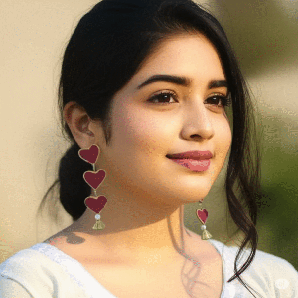 Maroon & Gold Heart Tassel Earrings - Image 1